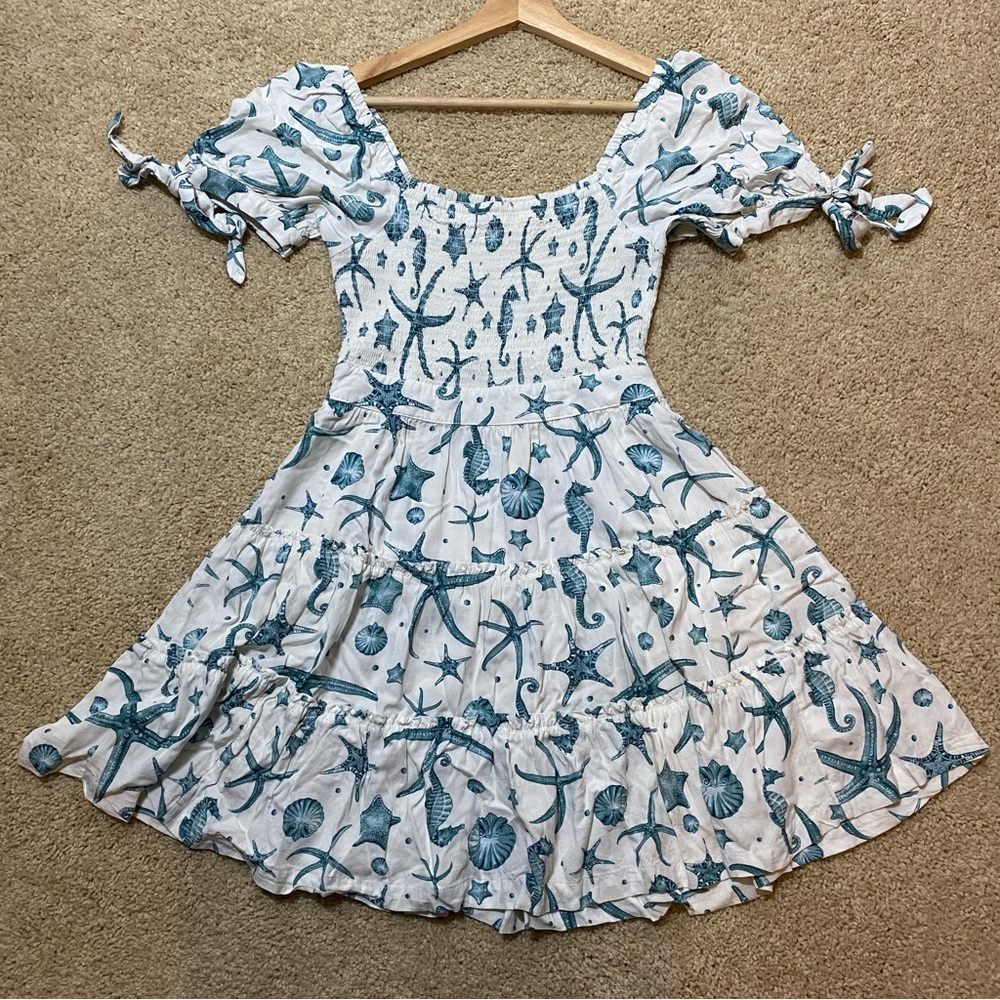 Agua Bendita Seashells Seahorse Smocked Tiered Puff Sleeve Mini Dress XS Target